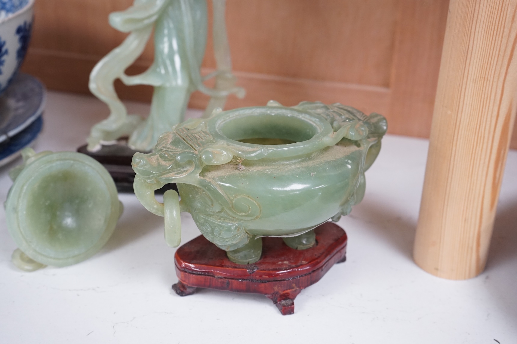 A Chinese jadeite figure and a similar censer and cover, overall 23cm high
